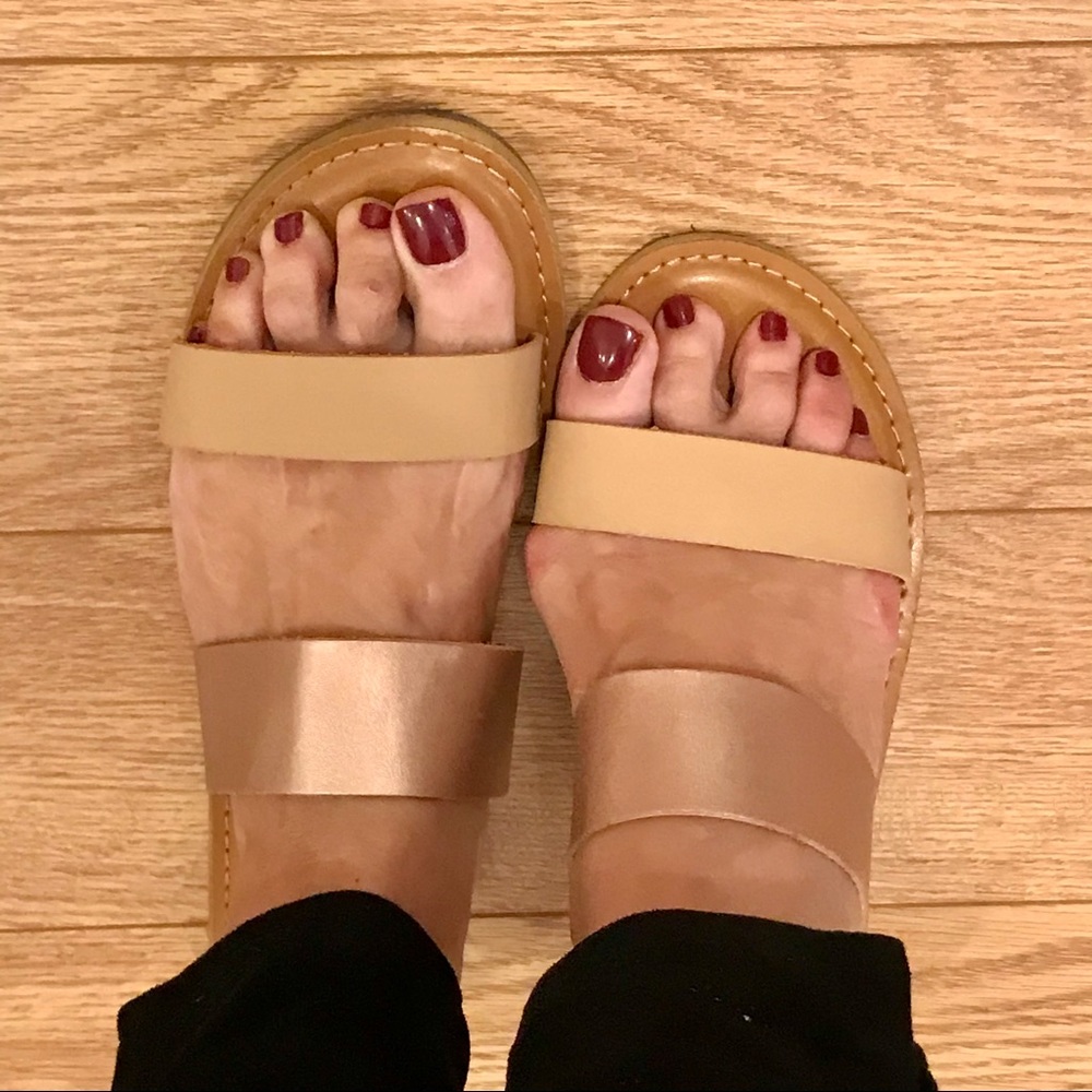 Rampage ‘Mara’ tan and copper slides. Size 10M